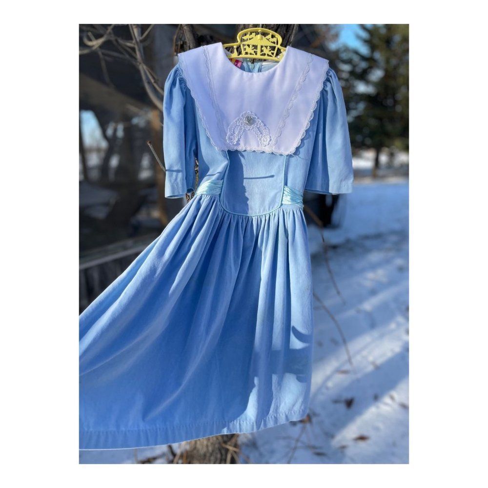 Vintage 80s Sky Blue Velvet Formal Dress White Lace Bib Collar Princess Sleeves